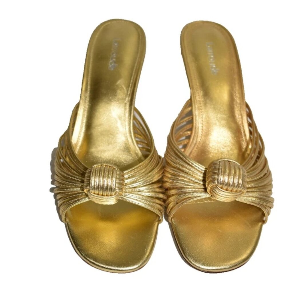 Share New! LARROUDE Valerie Mule In Gold Metallic Leather Size 7 DD486 - Picture 5 of 7